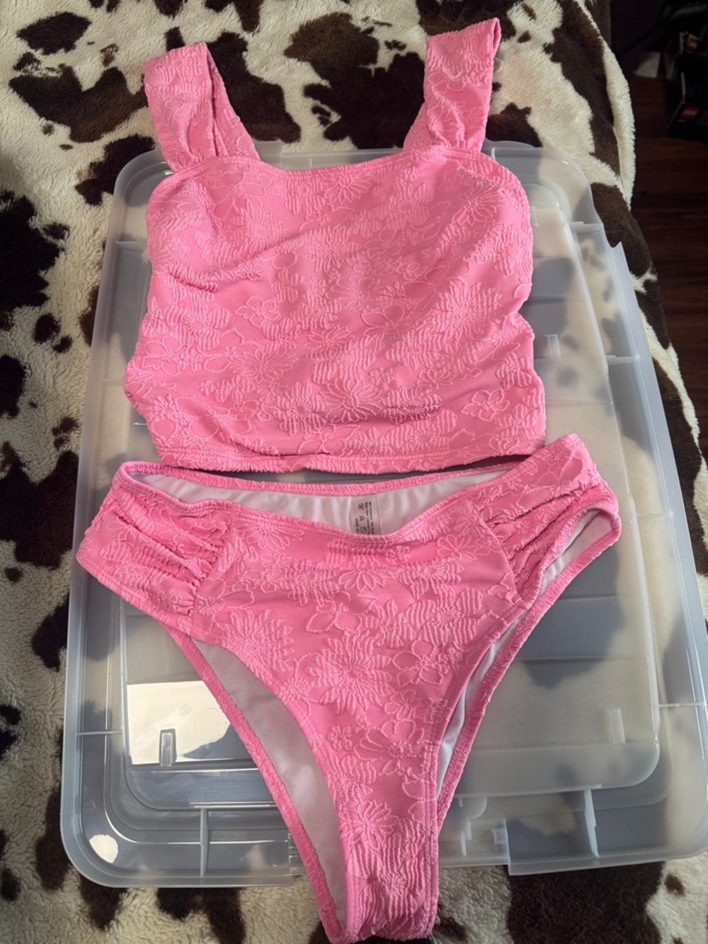 Textured Pink Floral Crop Tank Bikini Top and High-Leg Bottoms